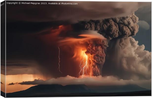A big volcano erupts with a dark ash cloud in the sky with light Canvas Print by Michael Piepgras