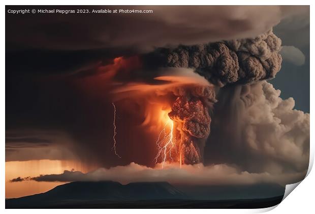 A big volcano erupts with a dark ash cloud in the sky with light Print by Michael Piepgras