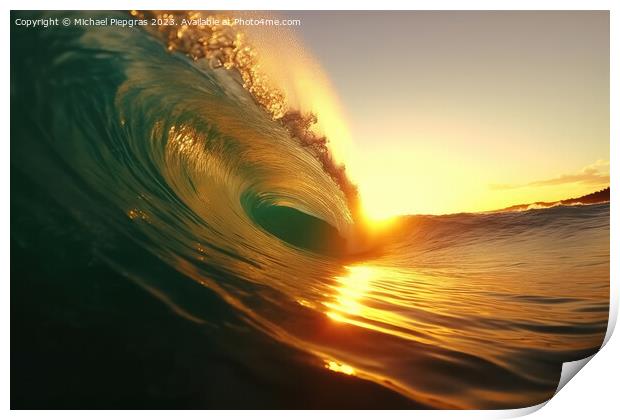 A big wave looking into the wave tunnel during sunset created wi Print by Michael Piepgras