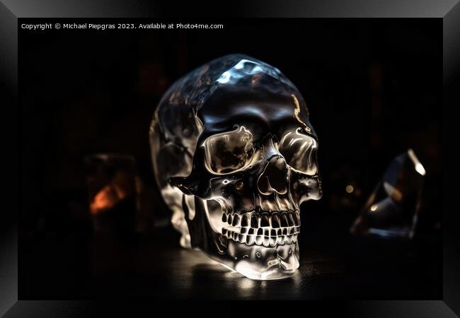 A crystal skull in a dark cave created with generative AI techno Framed Print by Michael Piepgras