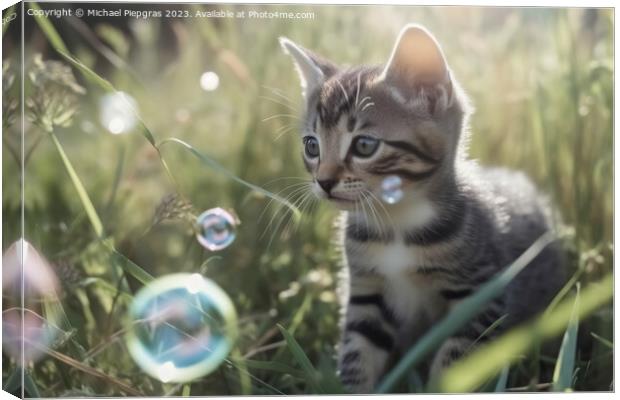 A cute kitten plays with soap bubbles in the flat grass created  Canvas Print by Michael Piepgras