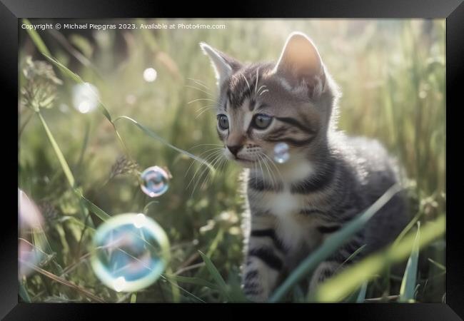 A cute kitten plays with soap bubbles in the flat grass created  Framed Print by Michael Piepgras