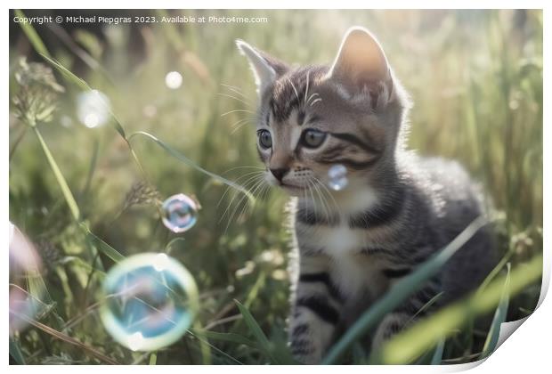 A cute kitten plays with soap bubbles in the flat grass created  Print by Michael Piepgras