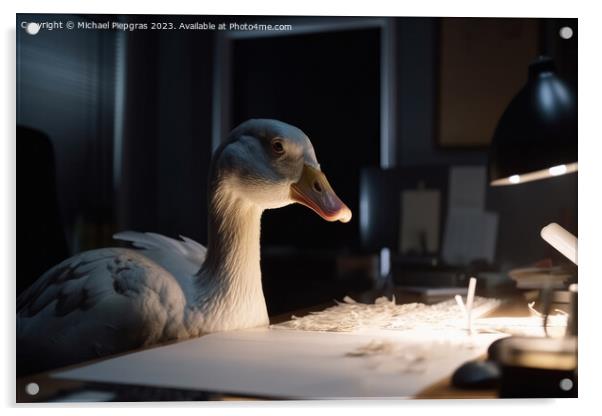 A goose with white feathers works hard at a desk in the office c Acrylic by Michael Piepgras