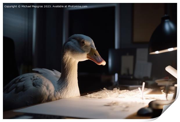 A goose with white feathers works hard at a desk in the office c Print by Michael Piepgras