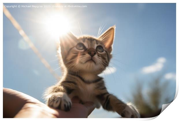 A human hand holds a small kitten in the air sunlight from the f Print by Michael Piepgras