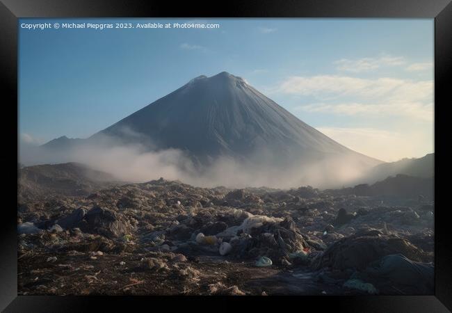 A large volcano and a huge amount of plastic waste on the landsc Framed Print by Michael Piepgras