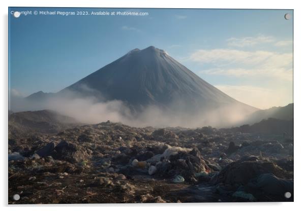 A large volcano and a huge amount of plastic waste on the landsc Acrylic by Michael Piepgras
