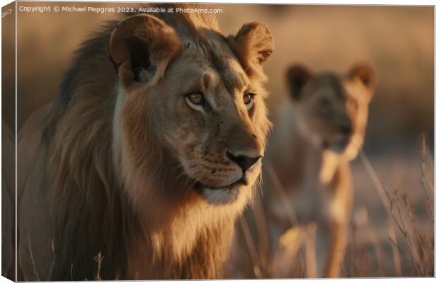 A male lion and a female lion in the background created with gen Canvas Print by Michael Piepgras