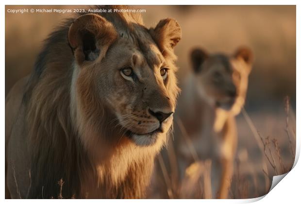 A male lion and a female lion in the background created with gen Print by Michael Piepgras