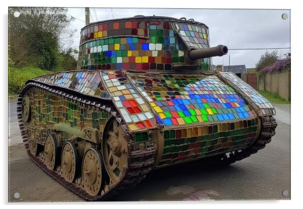 A military tank made of stained glas on a road created with gene Acrylic by Michael Piepgras
