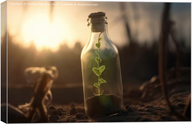 A single green seedling in a glass bottle on an apocalyptic dry  Canvas Print by Michael Piepgras