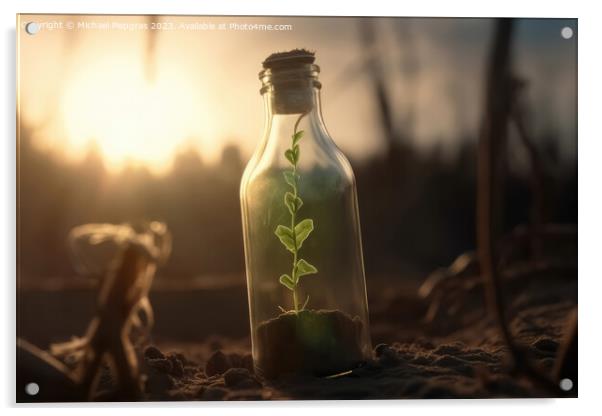 A single green seedling in a glass bottle on an apocalyptic dry  Acrylic by Michael Piepgras