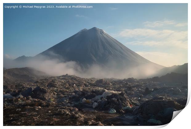 A large volcano and a huge amount of plastic waste on the landsc Print by Michael Piepgras