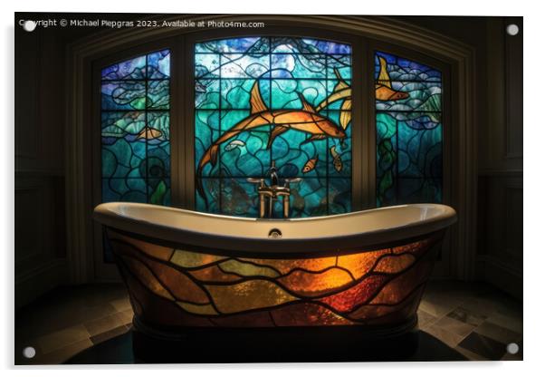 A stained glass bathtub created with generative AI technology. Acrylic by Michael Piepgras