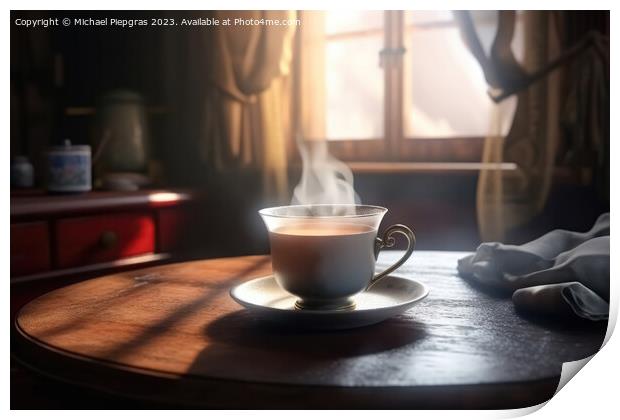 A steaming cup of tea on a table in a cosy old room created with Print by Michael Piepgras