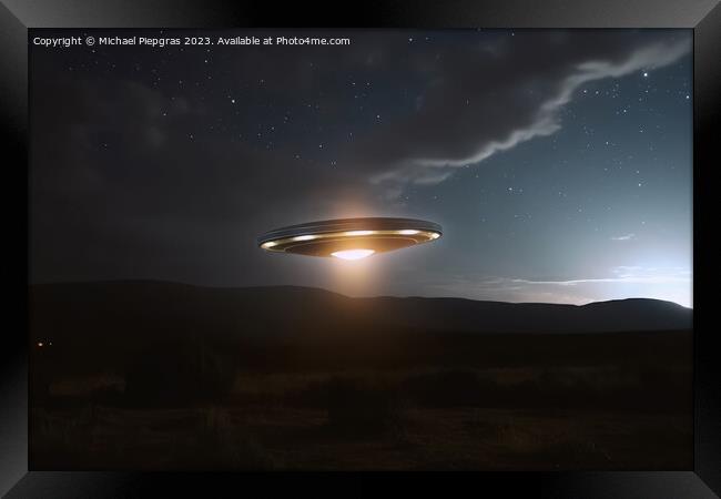 A UFO with a spotlight pointed at the bottom of the landscape -  Framed Print by Michael Piepgras