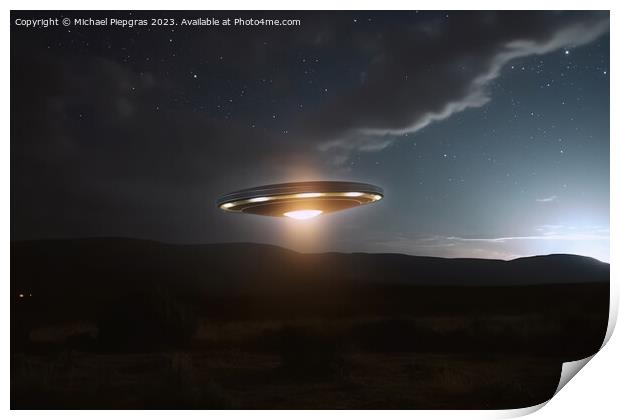 A UFO with a spotlight pointed at the bottom of the landscape -  Print by Michael Piepgras
