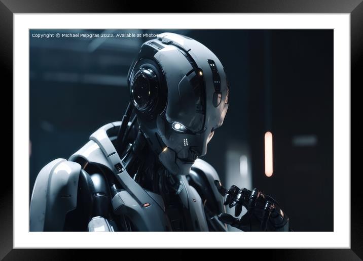 An AI robot in a business suit looks at its smartphone created w Framed Mounted Print by Michael Piepgras