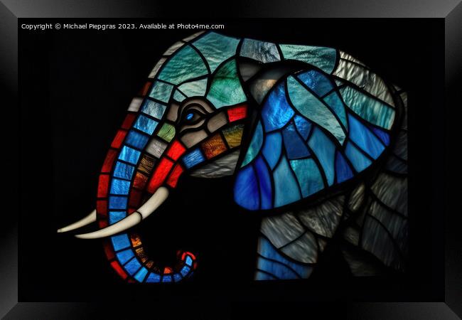 An elephant made of stained glas on a dark background created wi Framed Print by Michael Piepgras