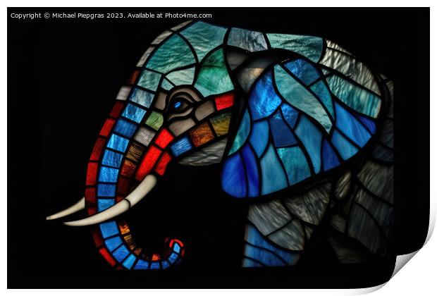 An elephant made of stained glas on a dark background created wi Print by Michael Piepgras