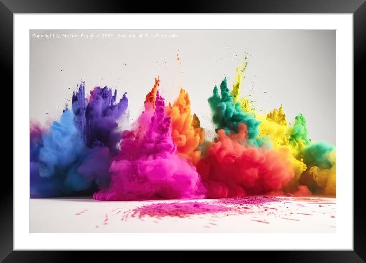 Exploding colour powder in rainbow colours on a white background Framed Mounted Print by Michael Piepgras
