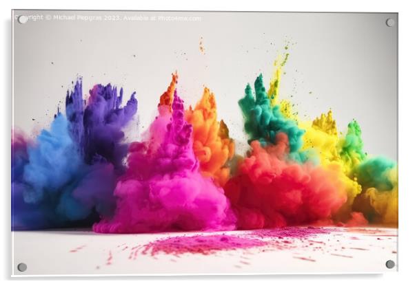 Exploding colour powder in rainbow colours on a white background Acrylic by Michael Piepgras