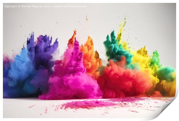 Exploding colour powder in rainbow colours on a white background Print by Michael Piepgras