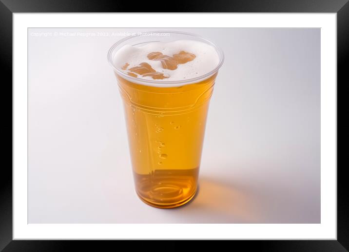 Glass of beer in a plastic tumbler on a white background created Framed Mounted Print by Michael Piepgras