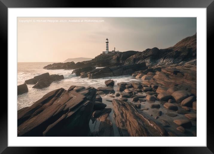 Long exposure of a rocky coast with a lighthouse on it created w Framed Mounted Print by Michael Piepgras