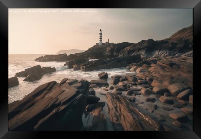 Long exposure of a rocky coast with a lighthouse on it created w Framed Print by Michael Piepgras