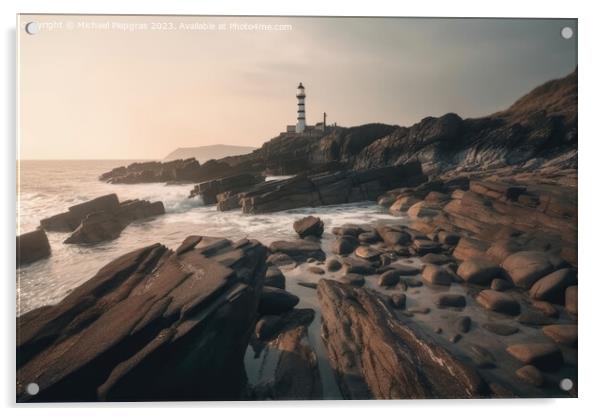 Long exposure of a rocky coast with a lighthouse on it created w Acrylic by Michael Piepgras