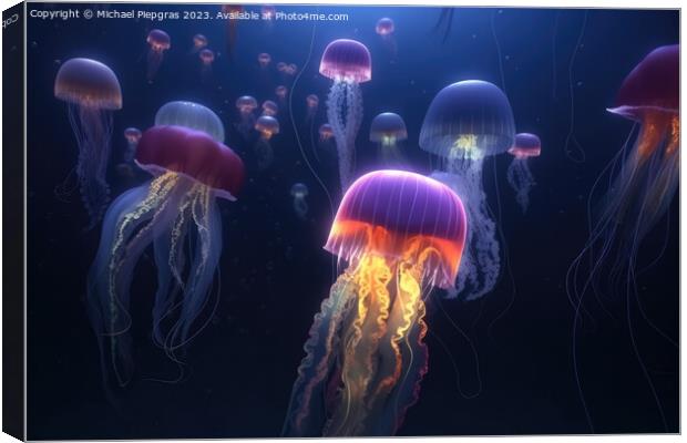 Multiple brightly coloured jellyfish in the depths of the ocean  Canvas Print by Michael Piepgras