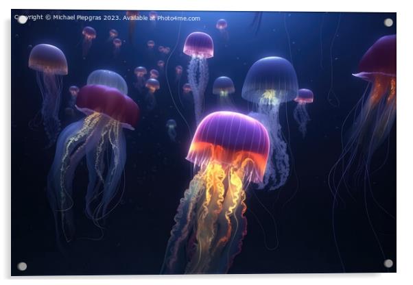 Multiple brightly coloured jellyfish in the depths of the ocean  Acrylic by Michael Piepgras
