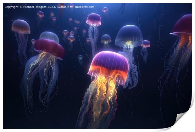 Multiple brightly coloured jellyfish in the depths of the ocean  Print by Michael Piepgras