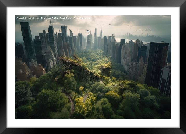 Nature reconquers a big city created with generative AI technolo Framed Mounted Print by Michael Piepgras