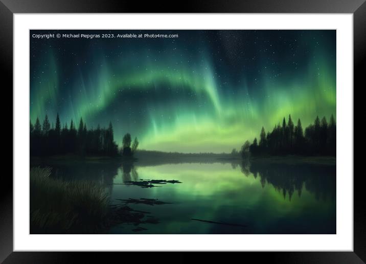 Auroras in green colour and stars over a lake with reflections o Framed Mounted Print by Michael Piepgras