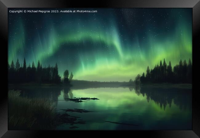 Auroras in green colour and stars over a lake with reflections o Framed Print by Michael Piepgras