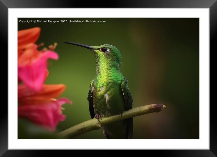 Portrait of a Green Hummingbird on a Flower created with generat Framed Mounted Print by Michael Piepgras