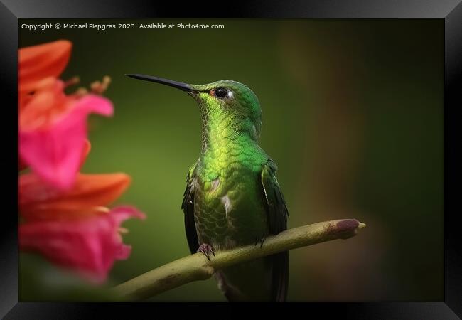Portrait of a Green Hummingbird on a Flower created with generat Framed Print by Michael Piepgras