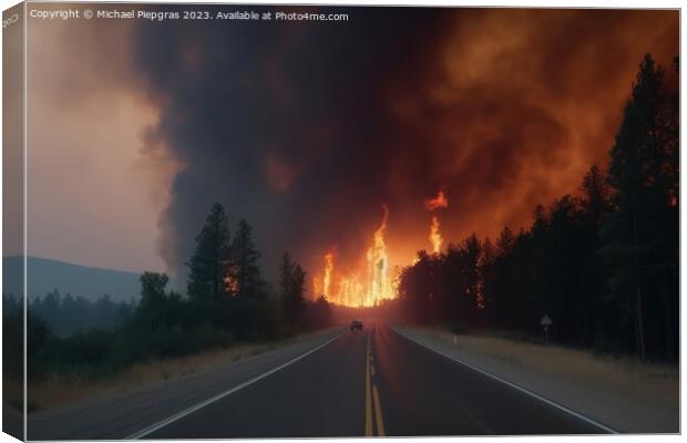 A devastating forest fire as seen from the road created with gen Canvas Print by Michael Piepgras