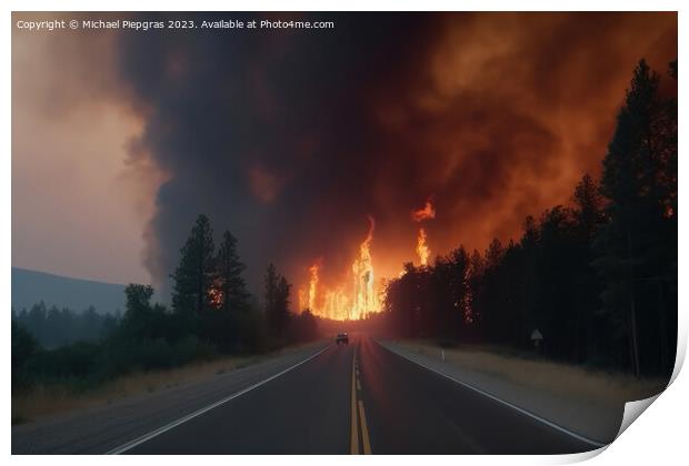 A devastating forest fire as seen from the road created with gen Print by Michael Piepgras