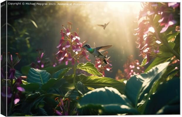 Several hummingbirds buzzing around flowers in a jungle created  Canvas Print by Michael Piepgras