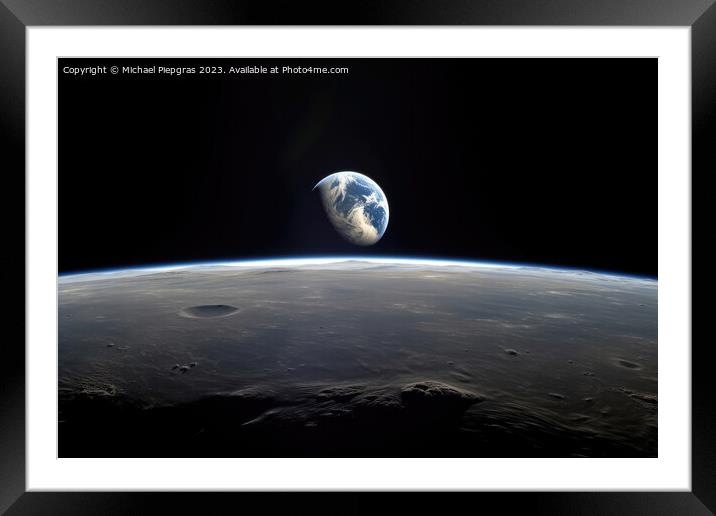 The rising sun above the earth as seen from the moon created wit Framed Mounted Print by Michael Piepgras
