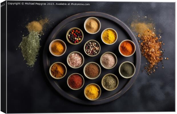 View from above of numerous spices in small bowls on a dark slat Canvas Print by Michael Piepgras