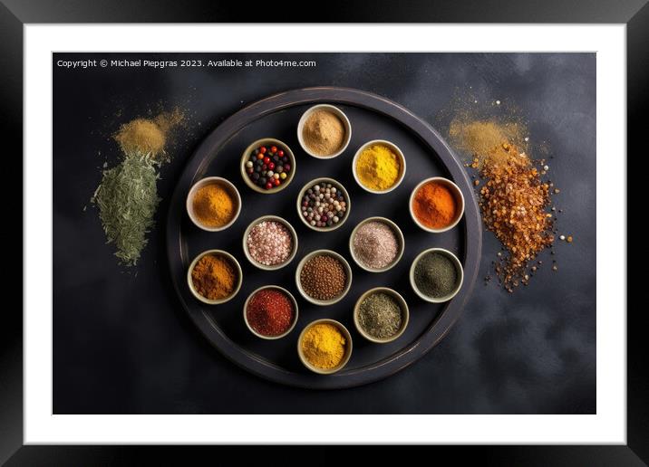 View from above of numerous spices in small bowls on a dark slat Framed Mounted Print by Michael Piepgras