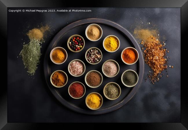 View from above of numerous spices in small bowls on a dark slat Framed Print by Michael Piepgras