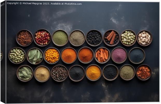 View from above of numerous spices in small bowls on a dark slat Canvas Print by Michael Piepgras
