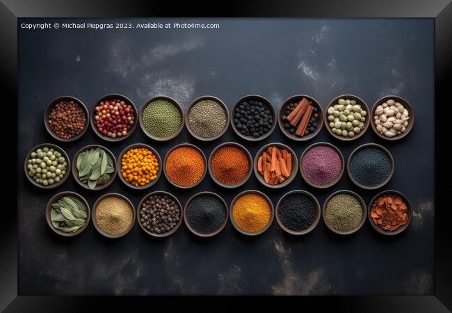 View from above of numerous spices in small bowls on a dark slat Framed Print by Michael Piepgras