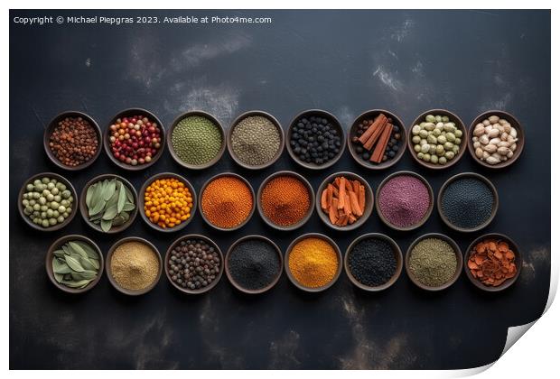 View from above of numerous spices in small bowls on a dark slat Print by Michael Piepgras